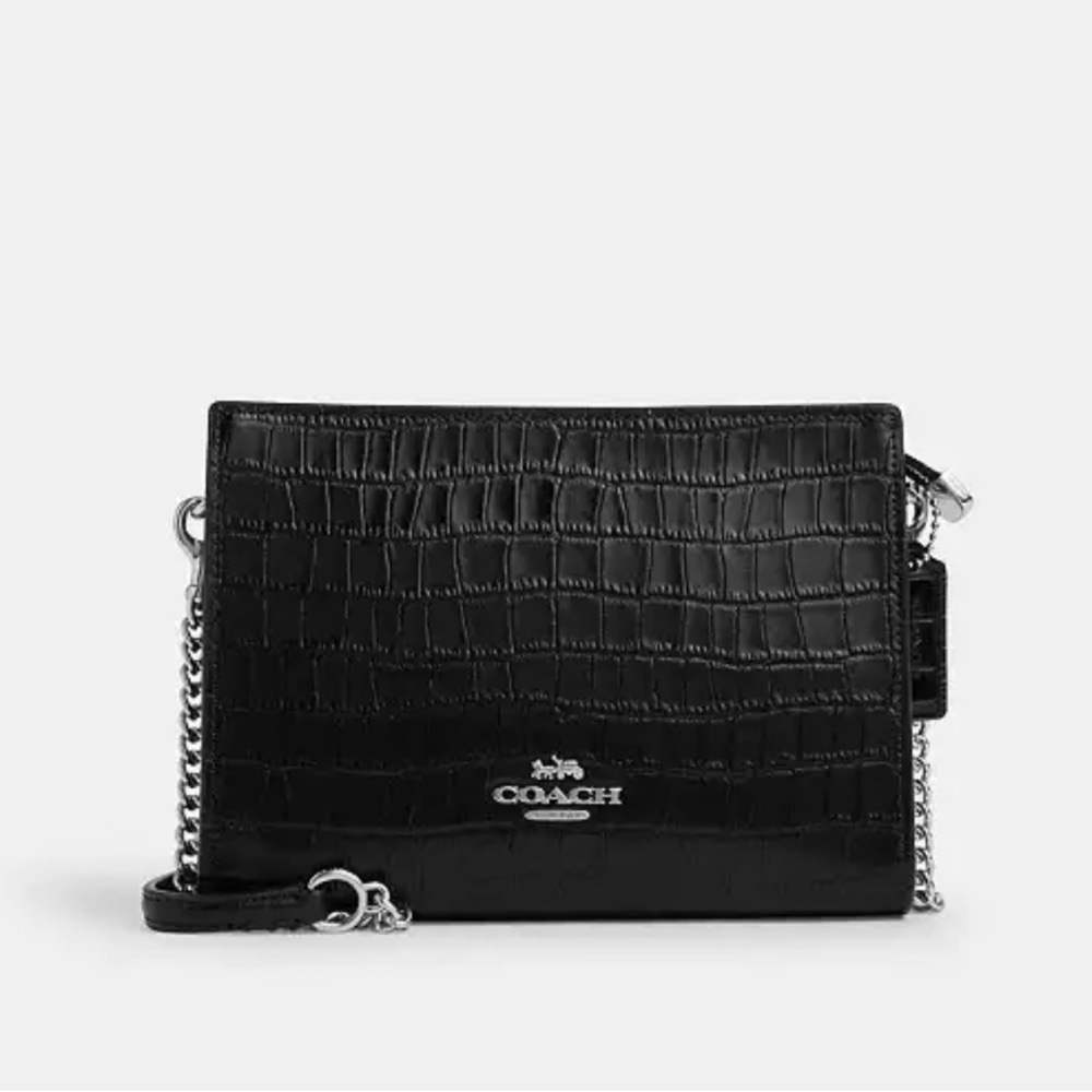 Coach Slim Crossbody Croc Embossed Bag Black - Picture 13 of 16